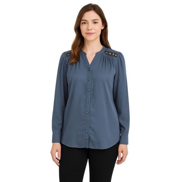 Jacklyn Smith Small Slate Blue Blouse Beaded Shoulders Button Shirred Front Glam - Picture 1 of 11